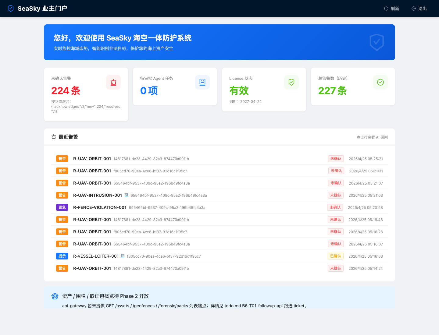 SeaSky 业主门户告警面板